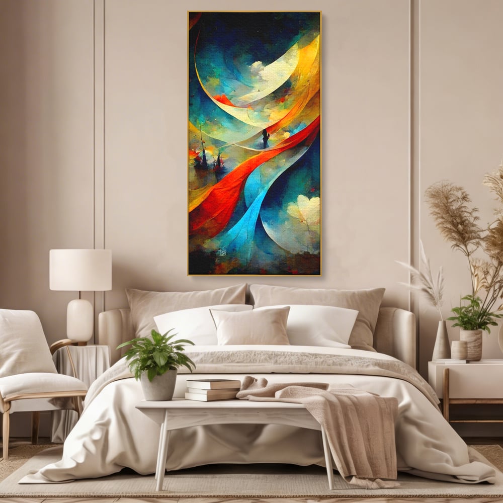 Tablou canvas cu pictura abstracta cu valuri colorate, in rama de aluminiu auriu, pe perete intr-un dormitor